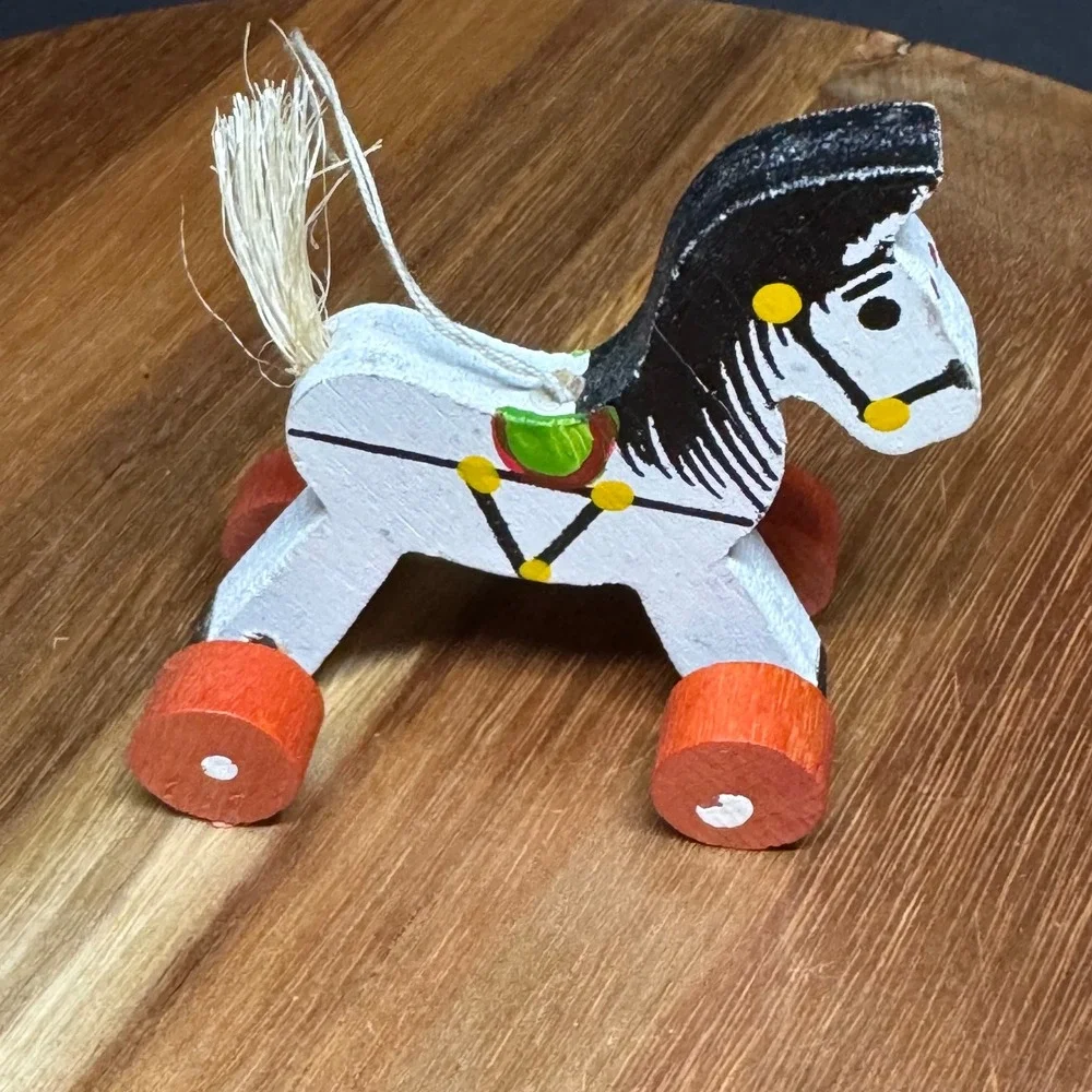 Vintage Kurt S Adler Wooden Horse Pull Toy Ornament Japan Painted White Orange